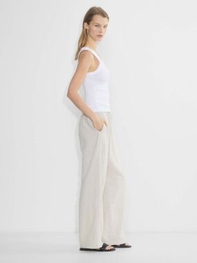 Babaton Wide-Leg Linen-Blend Drawstring Pants in Light Oat, Small